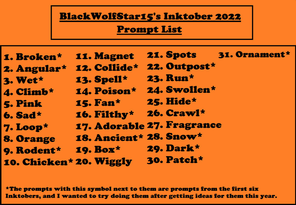 My Inktober 2022 Prompt List by BlackWolfStar15 on DeviantArt