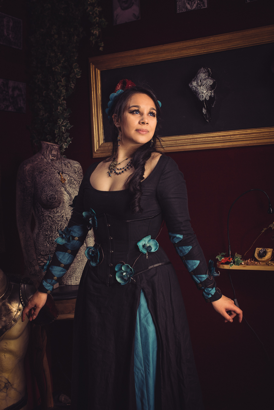 Medieval fantasy dress with blue orchids