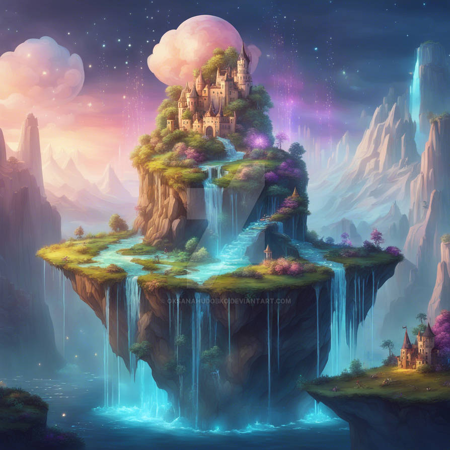 A magical floating island with waterfalls, glowing