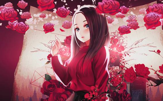 Wallpaper girl, rose, anime, art, fascinator, red background