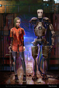 Cyborg Girl and Robot Concept