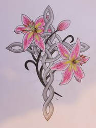 Celtic cross and stargazer lilies tattoo design