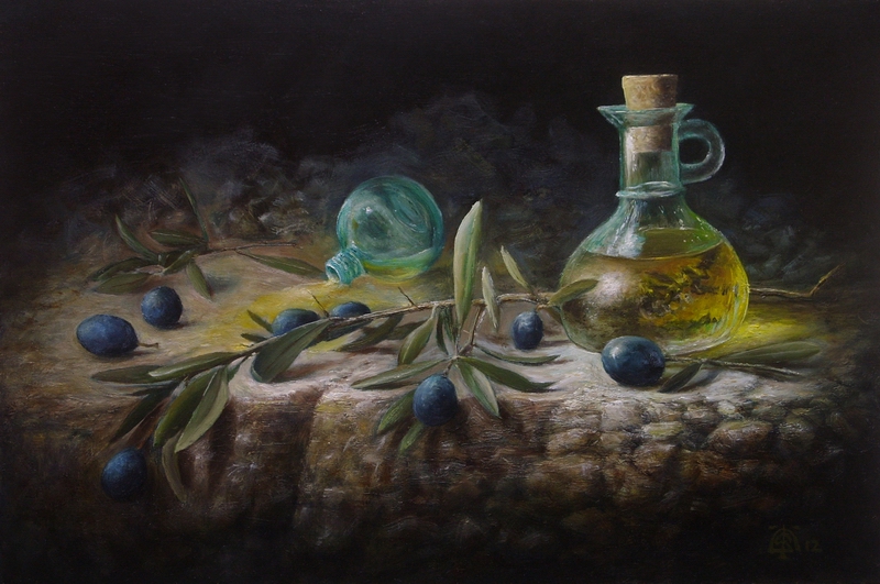 Oil bottle and olives