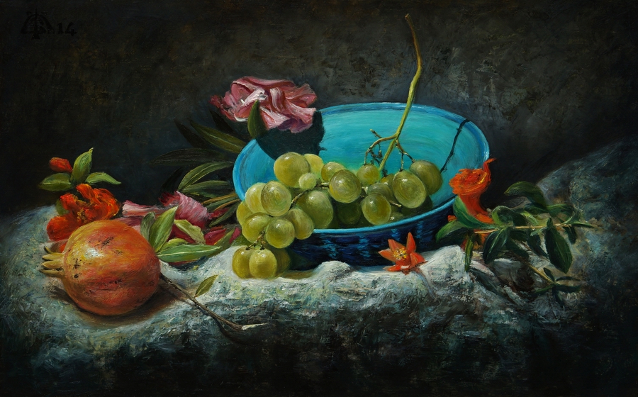 Turquoise bowl, flowers and fruits