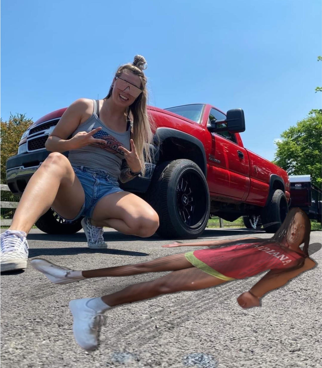 Pancake in the parking lot (Luanne flattens Maya)