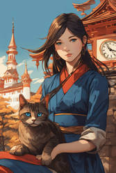 Girl with a cat on the background of a castle and 