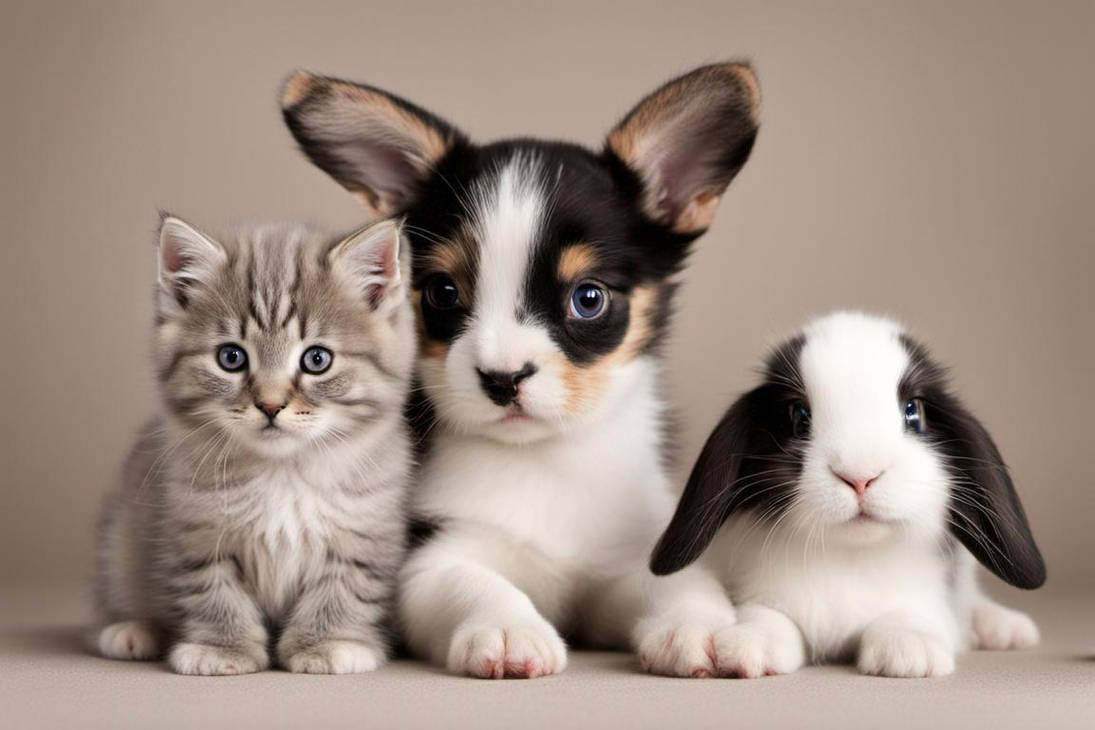 A cute puppy, kitten and rabbit snuggling together by ...