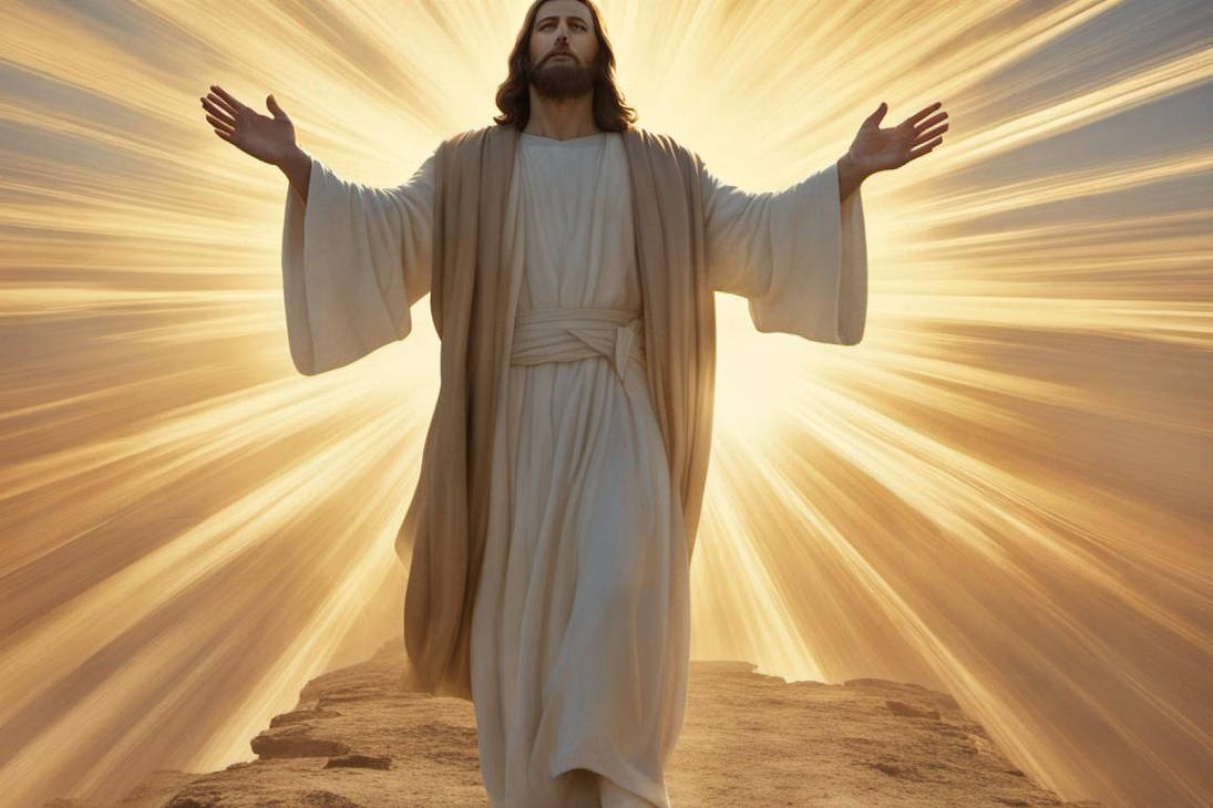 Jesus Christ behind in beautiful rays of sunlight. by ...