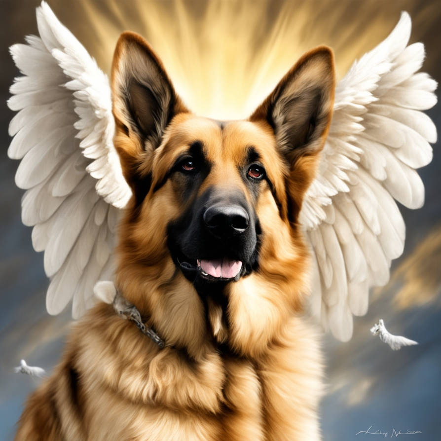 A German shepherd in heaven with angel wings. by FrostyThriller07 on  DeviantArt