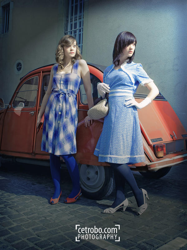 Blue dress and red car