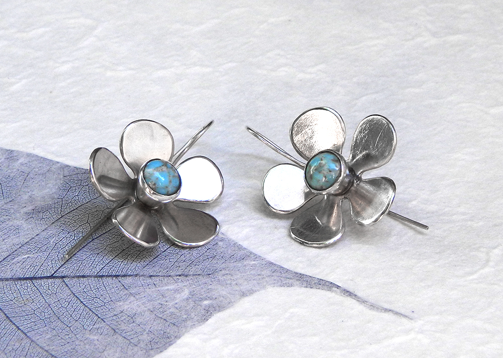 Spring flowers silver earrings with turquoise