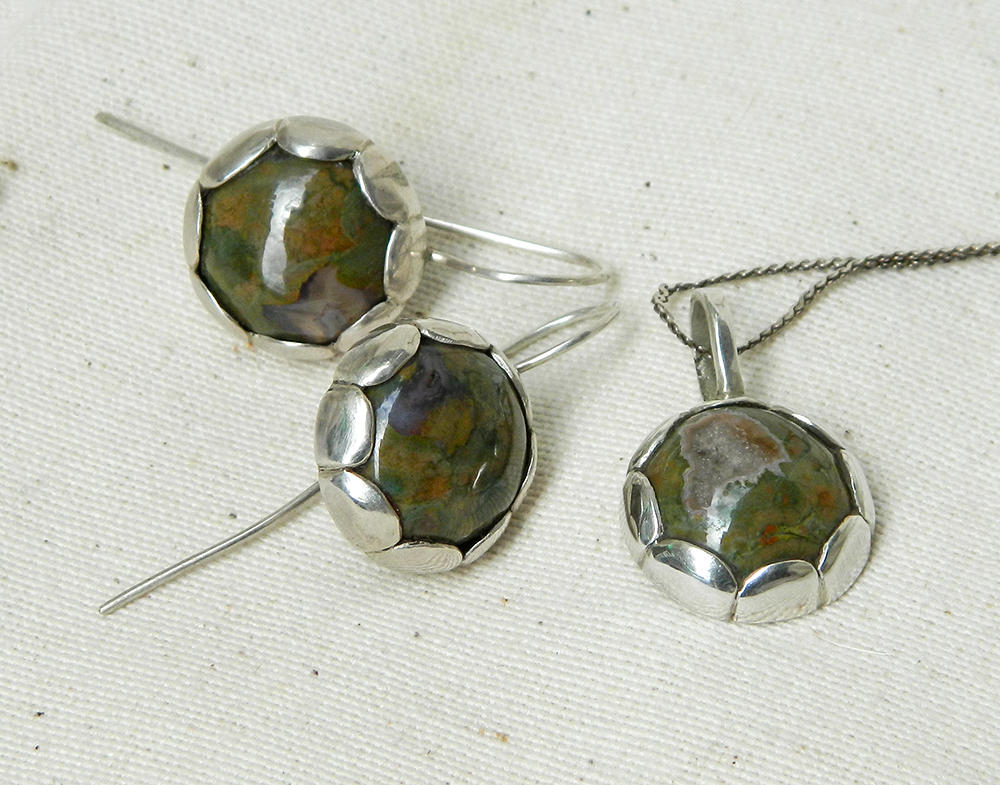 Stone flowers ooak sterling silver jewelry set