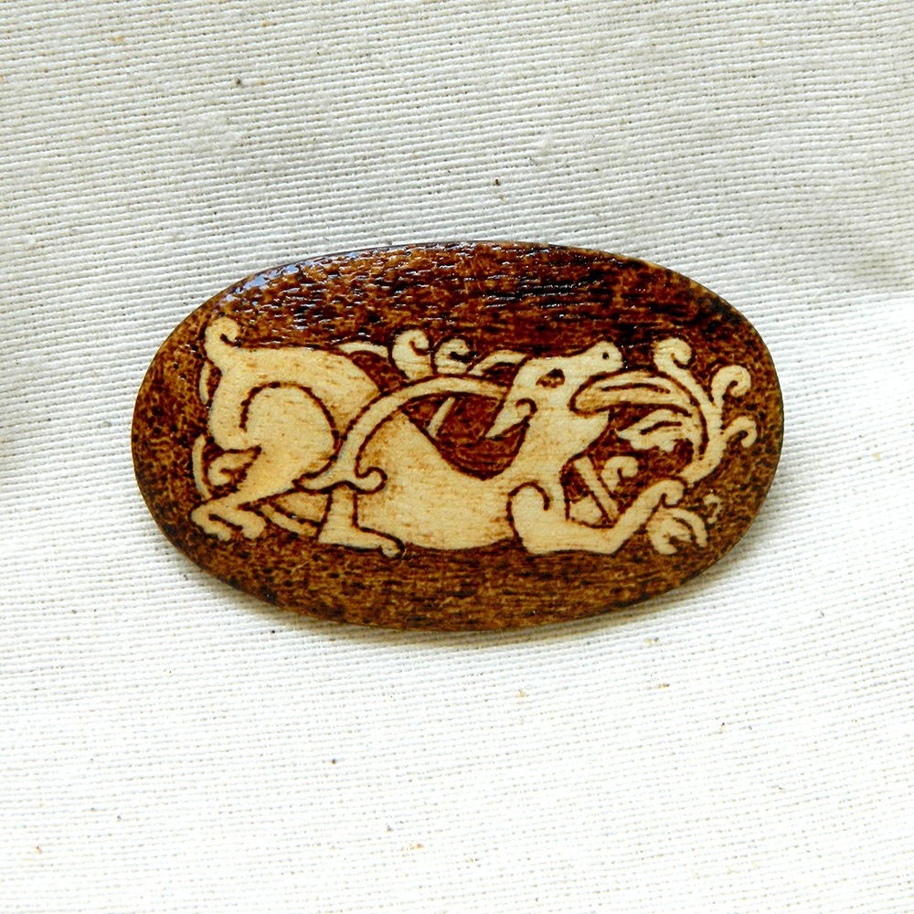 Ancient Norse Stag pyrography woodburned brooch