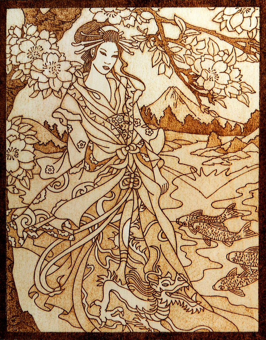 Pyrography plaque Goddess Konohana Sakuya-hime