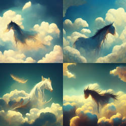 Horse With Wings Flying In The Clouds - AI