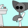 Gray using the bathroom