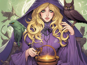 Blonde Witch brews potion with familiars' help