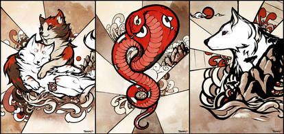 Sumi-e style. The cats, the snake and the dog.