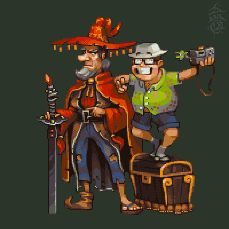 Rincewind, Twoflower, Luggage, Imp and Kring