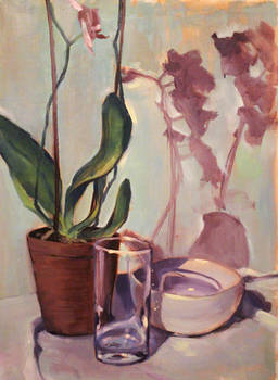 orchid, glass and bowl