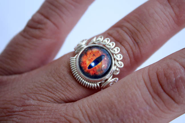 Deliver us from evil by enchantedbeas Sauron Eye Filigree Beadwoven Ring Orange Black Statement Eye of Sauron Ring Gold Plated Ring Base