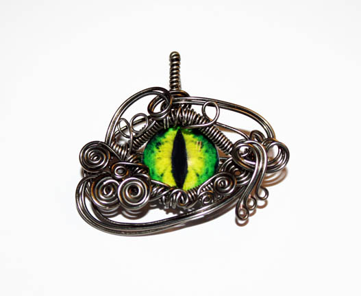 Gunmetal Wire Wrap Green Dragon Eye Pendant