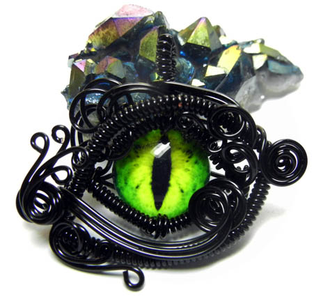 Black Wire Wrap Green Glass Dragon Eye Pendant