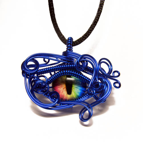 Blue Wire Wrap Rainbow Glass Dragon Eye Pendant