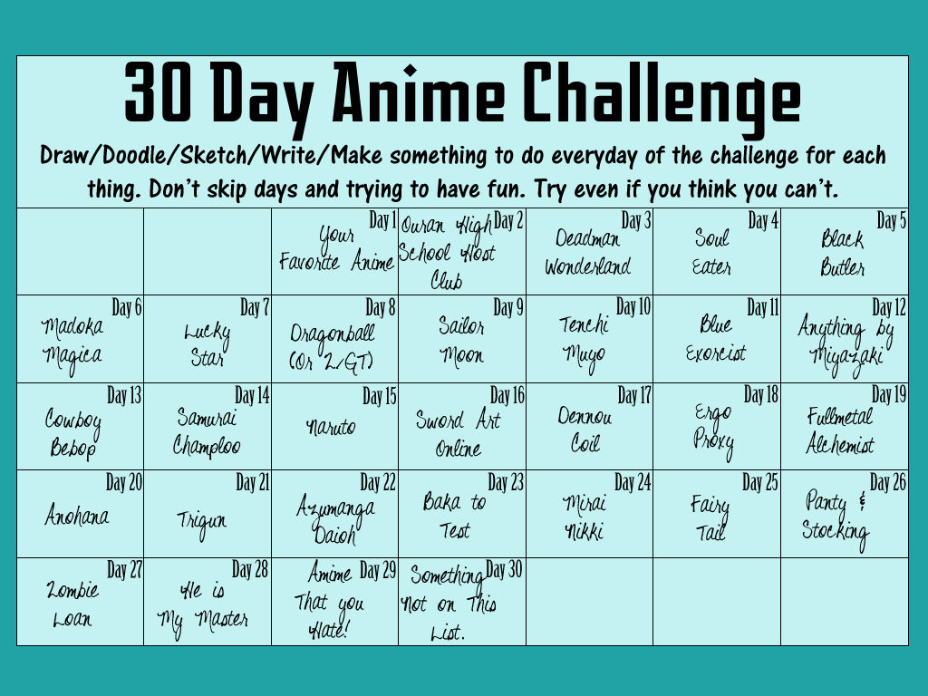 30 Day Anime Challenge by MallowCakes on DeviantArt