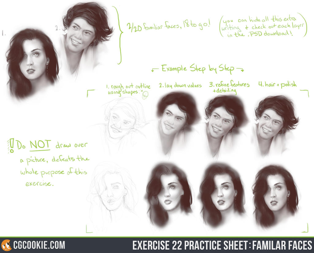 Exercise 22 Practice Sheet - Familiar Faces by CGCookie on DeviantArt