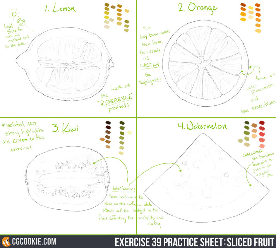Exercise 39 Practice Sheet: Sliced Fruit by CGCookie on DeviantArt