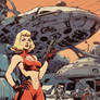 A Devil Girl from Mars stands in front of her spac