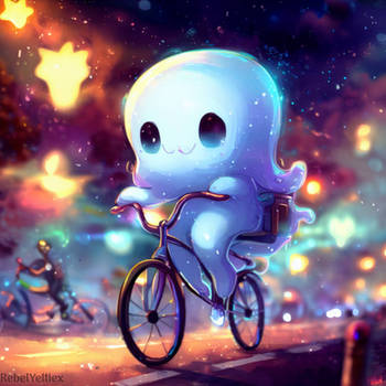 cute ghost riding a bicycle, busy road, glowy