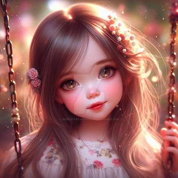 Sweet girl on swing portrait digital illustration