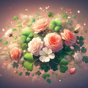 Roses and clovers bouquet digital illustration