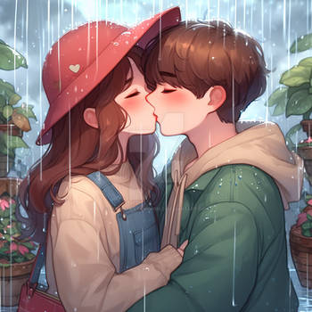 Couple love in the rain kissing digital illustrati