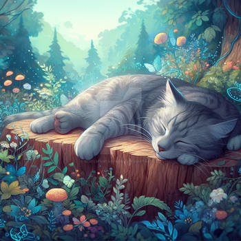 Cute cat sleeping digital illustration