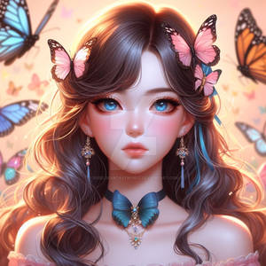 Girl with butterflies portrait digital illustratio