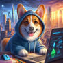 Corgi in a hoodie laptop digital illustration