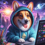 Corgi in a hoodie laptop digital illustration