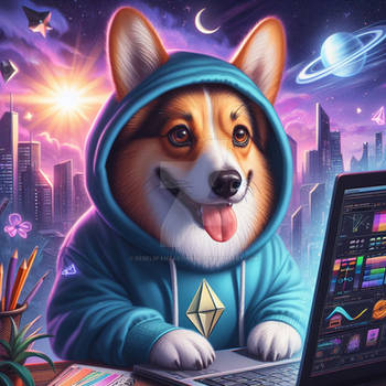 Corgi in a hoodie laptop digital illustration