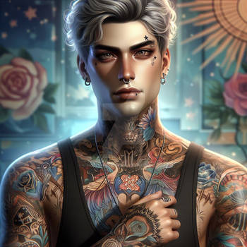 Gorgeous man with tattoos digital illustration