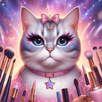 Cat gets makeup done digital illustration