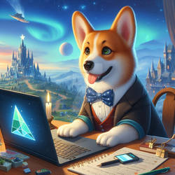 Corgi on laptop digital illustration