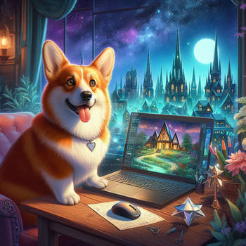 Corgi on laptop digital illustration