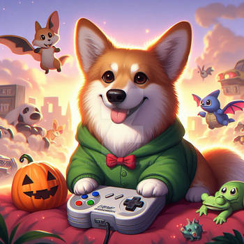 Corgi with gameboy digital illustration