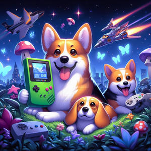 Corgi with gameboy digital illustration