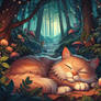 Cat sleeps in forest digital illustration