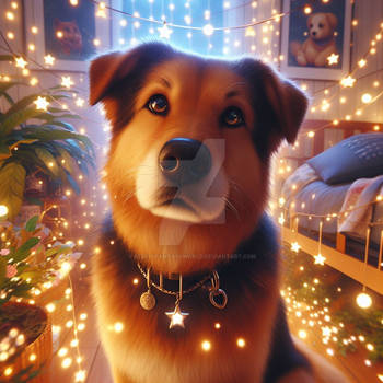 Dog in cute fairy lights digital illustration