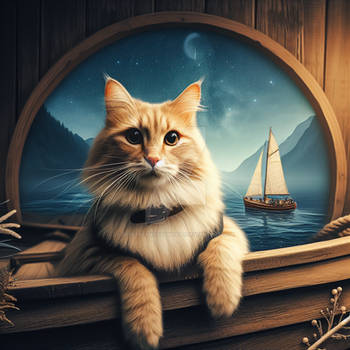 Cat in a boat digital illustration